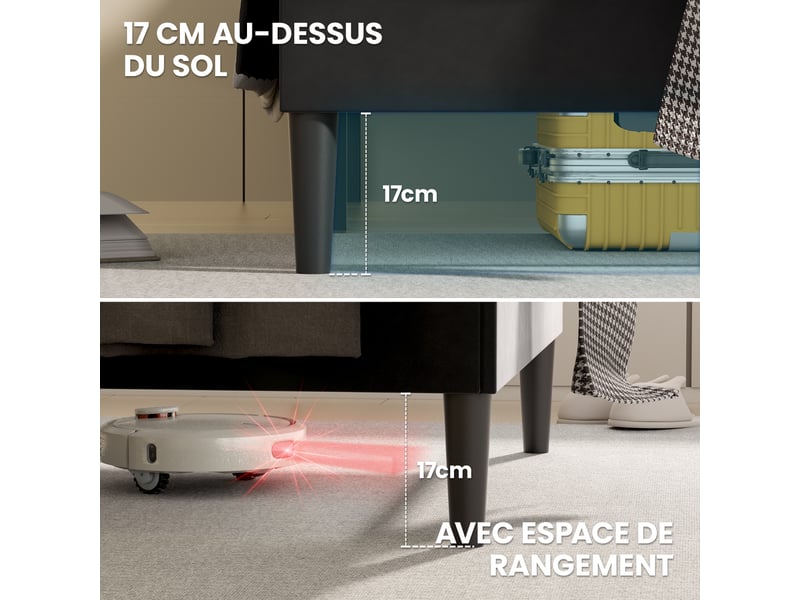  Lit 90 x 200 avec sommier,cadre de lit en métal robuste et durable, lattes en bois,lin noir  - Conforama C
