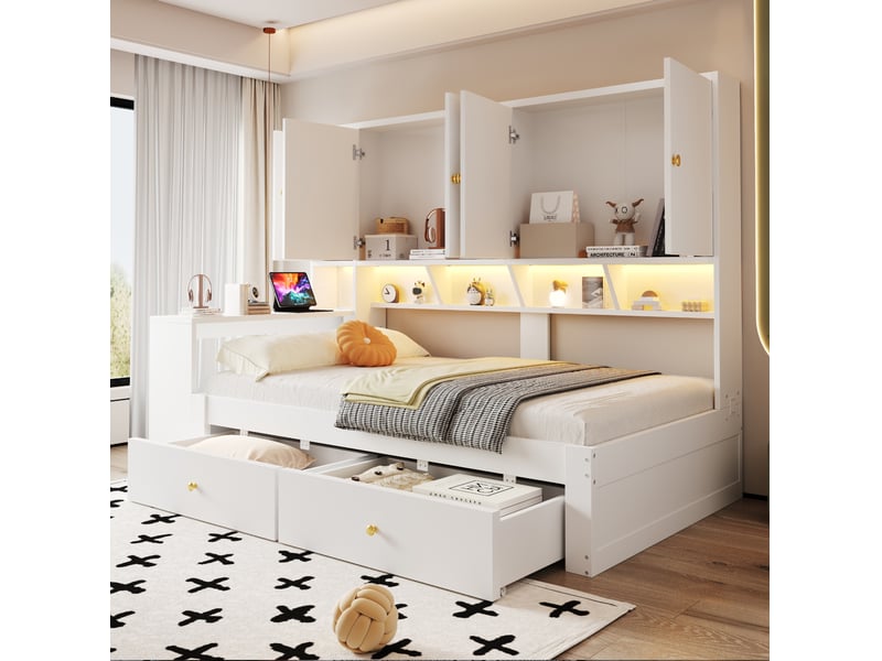 Lit multifonction 90x200 cm blanc avec bureau, rangements, led et prises  - Conforama B