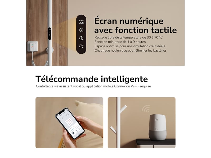  Emke sèche-serviettes électrique wifi pure, blanc brillant, 150 x 12,5 cm, température réglable, minuterie  - Conforama C