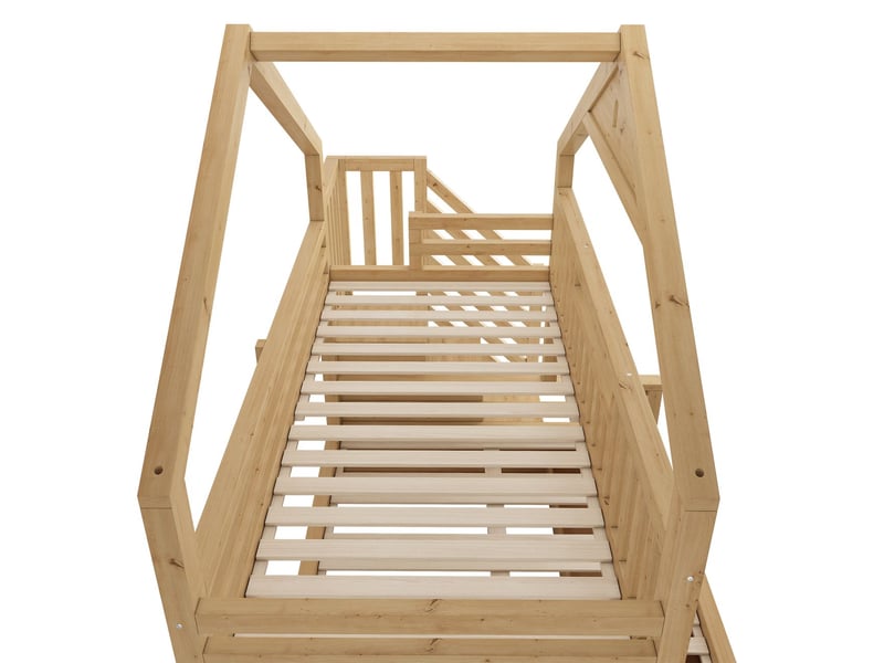 Lit superposé enfant 90 x 200 cm escalier intégré deux tiroirs de rangement structure maison en bois toit à pignon finition couleur chêne conforme à la norme en 747  - Conforama A