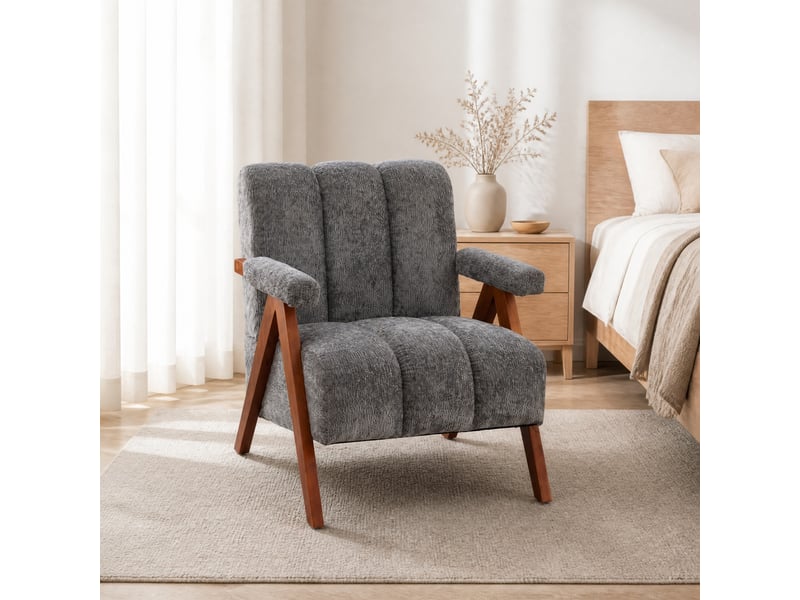  Fauteuil bouclé avec accoudoirs, assise rembourrée en mousse et cadre en chêne massif, tissu bouclé gris  - Conforama C