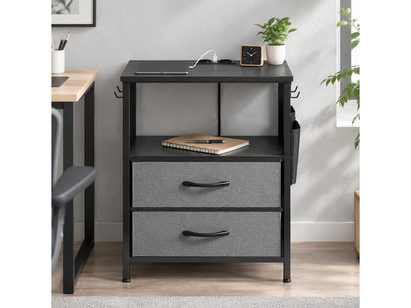  Table basse d’appoint avec station de charge, 2 tiroirs en tissu, niche ouverte, poche et crochets, salon, 40×30×60 cm  - Conforama C