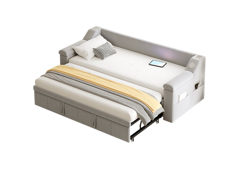 Lit gigogne 90x190 cm extensible 180x190 cm en velours gris clair - Conforama A