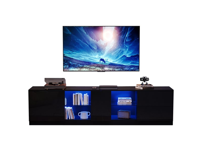  Meuble tv avec 2 tiroirs, porte, étagère en verre et led pour salon 160×40×52 cm en mdf noir  - Conforama A