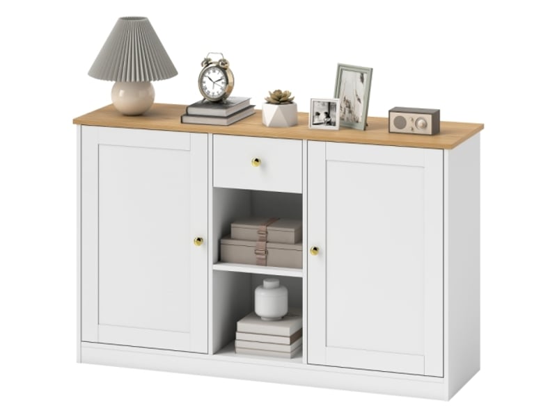  Buffet bas blanc avec tiroir et 2 portes – 2 étagères ouvertes, meuble saloncuisine 120x35x75,2 cm  - Conforama A