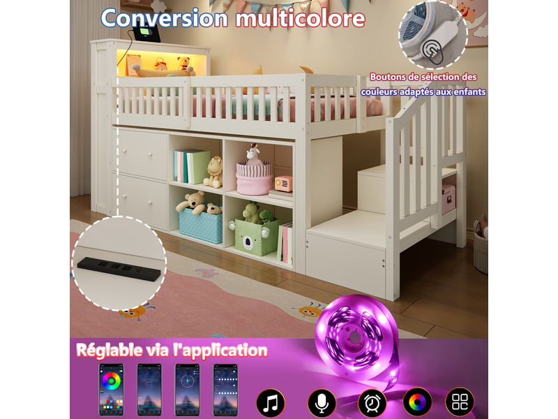  Lit mezzanine 90x200 cm – avec escalier rangement étagères led et usb – pin massif et mdf – blanc CozyNest - Conforama E