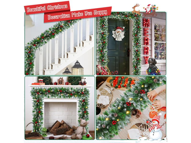  Guirlande lumineuse de noël 2,7 m, pin artificiel givré avec led, baies rouges et pommes de pin pour cheminée et escalier  - Conforama E