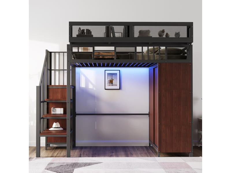  Lit mezzanine métal 90 x 200 cm noir avec armoire à portes coulissantes, led connectée, échelle rangement, garde-corps grille et étagères amovibles  - Conforama D