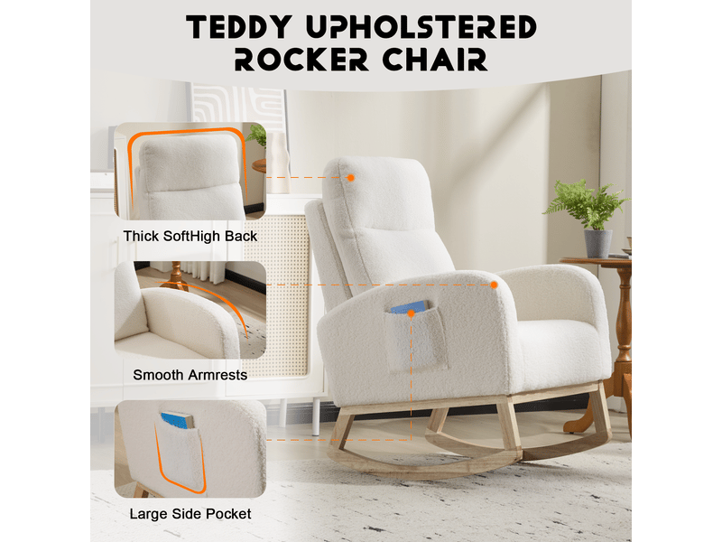  Fauteuil à bascule - fauteuil berçant d'allaitement moderne à dossier haut en polaire douce, 75 x 63 x 104 cm, blanc  - Conforama E