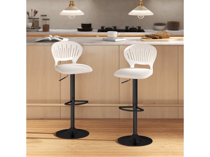  Lot de 2 tabourets de bar pivotants à 360°, hauteur réglable de 84 à 105 cm, dossier creux, repose-pieds, blanc  - Conforama D