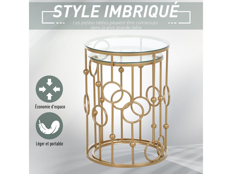  Tables gigognes lot de 2 tables basses rondes design style art déco ø 41 et ø 36 cm métal doré verre trempé 5 mm  - Conforama E