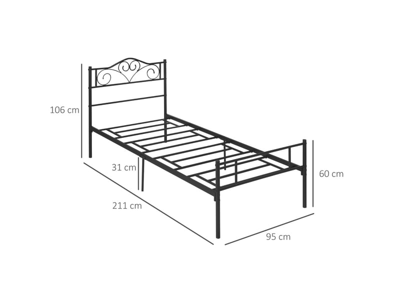  Lit simple 90x200 cm, en acier, avec sommier à lattes, tête et pied de lit, noir  - Conforama C