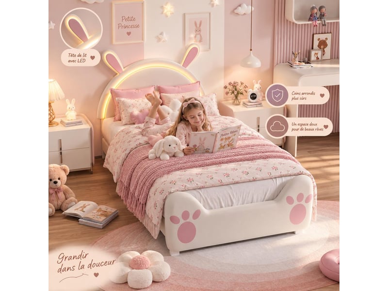  Lit enfant tête de lit lapin 90x200 cm coloris beige  - Conforama C