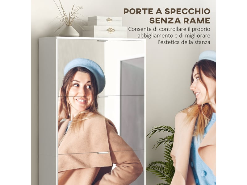  Étagère à chaussures fine gaine de place avec miroir et 4 tiroirs pour 24 paires de chaussures, 76x26x178 cm, blanc  - Conforama E