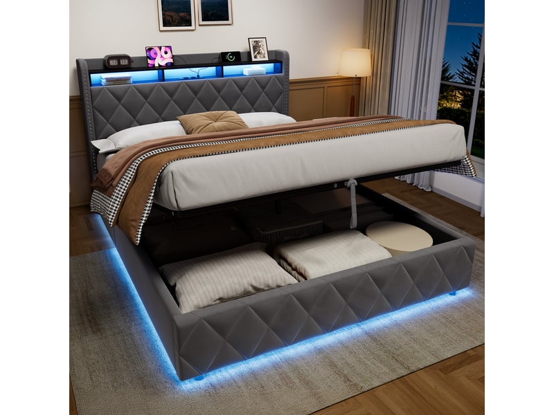  Lit coffre 160x200 avec éclairage led et prise électrique, lit pour adolescents avec étagères ouvertes et coffre de rangement, grise,sans matelas  - Conforama C