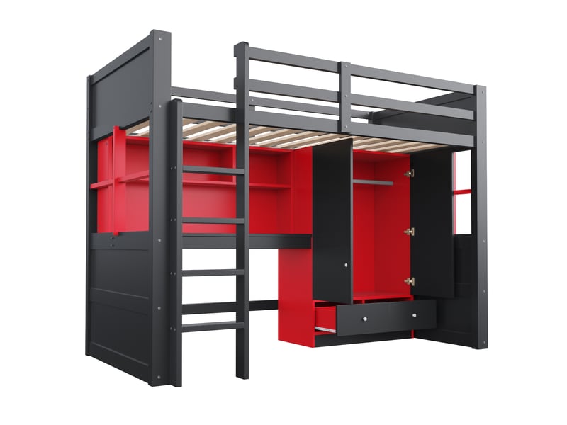  Lit mezzanine 90 × 200 cm avec bureau, armoire, tiroirs, rangements, led et prises, style gaming noir et rouge  - Conforama R