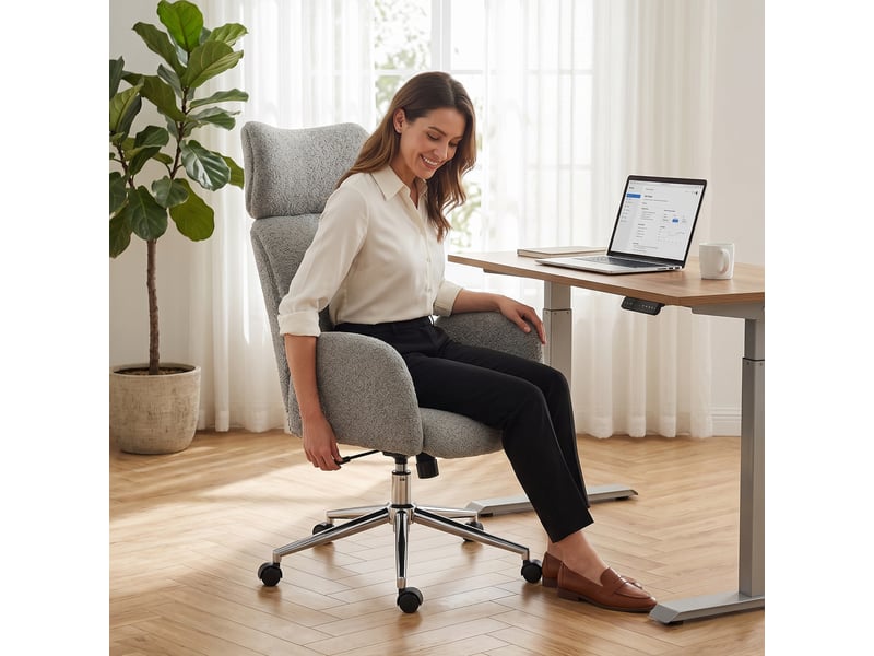  Fauteuil de bureau ergonomique, revêtement en tissu bouclette gris foncé, appui-tête réglable et bascule pour télétravail  - Conforama D