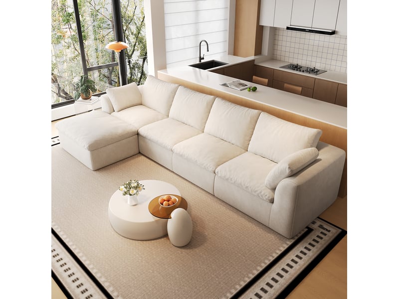  Canapé d’angle 5 places en tissu lin blanc beige, 310x155x83 cm  - Conforama W