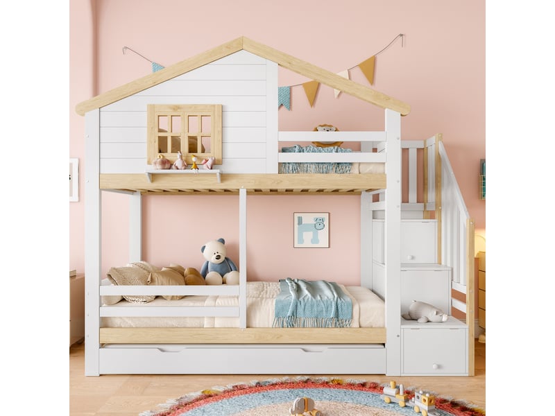  Lit superposé cabane avec lit gigogne et escalier, lit enfant 90x200 cm en bois massif, sécurité optimale, blanc et bois naturel  - Conforama R