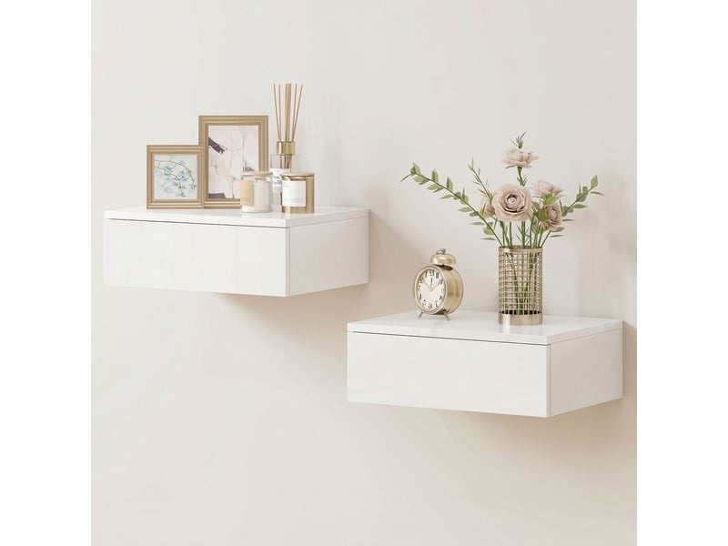  Ensemble de 2 tables de chevet murales avec tiroir, en aggloméré blanc, pour chambre à coucher  - Conforama B