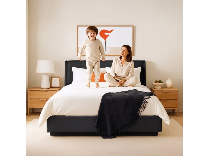 Lit double capitonné tröstiar avec éclairage led 140 x 200 cm simili noir [en.casa] Tröstiar - Conforama C