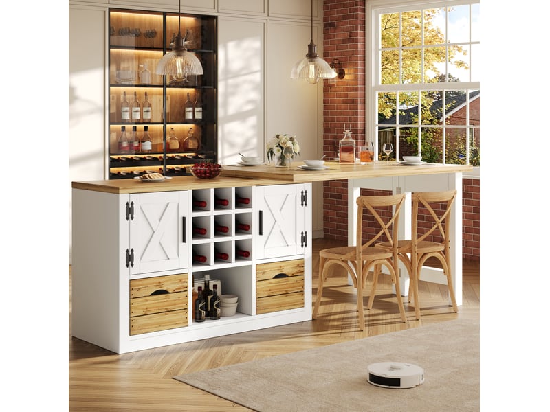  Table à manger extensible, 120-197x40x72 cm, avec buffet rotatif 360° grand espace, repas, pratique, mdf, coloris blanc  - Conforama D