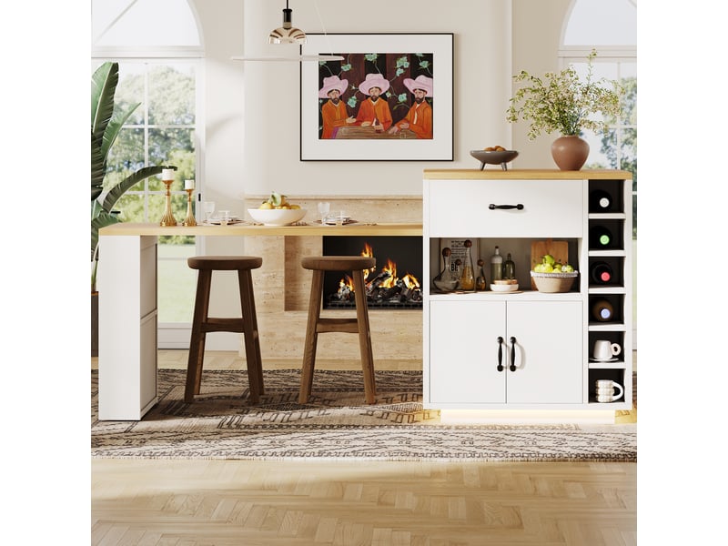  Îlot de cuisine avec table extensible blanc, éclairage led, 2 tiroirs, 4 portes, mdf et métal, 80x70x95.5 cm  - Conforama D