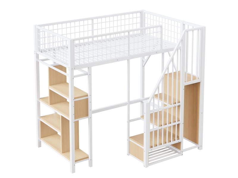 Lit mezzanine 90 x 200 cm, escalier, étagères de rangement, espace libre sous le lit, sommier à lattes, pour la chambre, métal et bois, blanc ABC - Conforama A