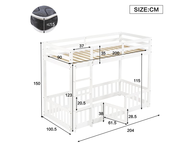  Lit superposé 90x200 cm, escalier d’angle et porte, pour chambre enfant, design sécurisé, bois, coloris blanc, sans matelas  - Conforama C