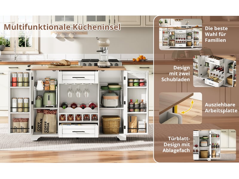  Îlot de cuisine blanc et naturel 120 × 4570 × 92 cm en mdf, plateau rabattable, casier à vin, porte-verres et range-épices  - Conforama E