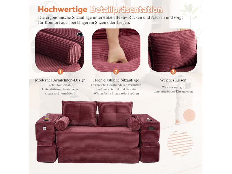 Canapé convertible 2 places 180x98x80 cm avec coussin d'assise à mémoire de forme, pour salon, velours côtelé, rouge - Conforama D