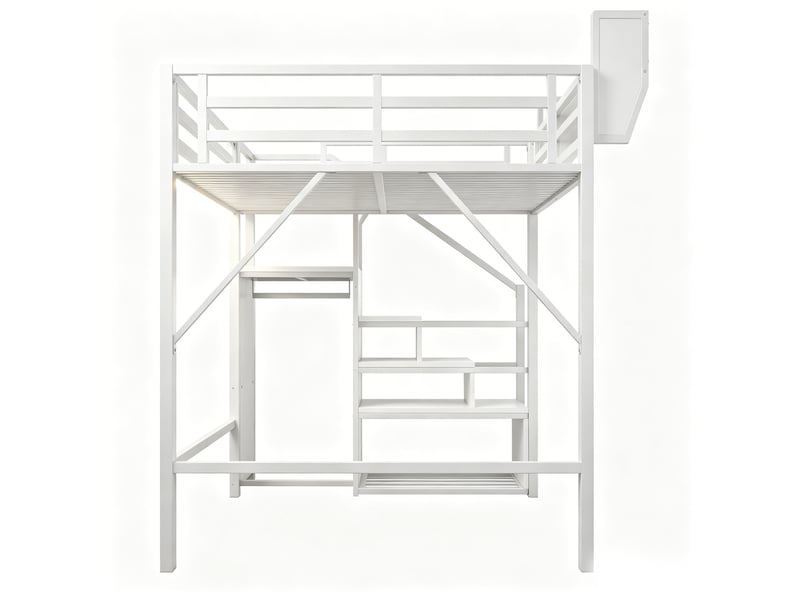  Lit mezzanine 140x200 cm blanc en métal, led, échelle sécurisée et étagère modulable Fay Lum - Conforama E