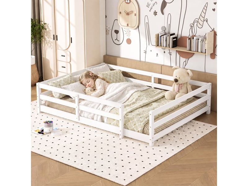  Lit double 140 x 200 cm garde-corps sur 4 côtés surface pleine bois de pin blanc montage facile  - Conforama A