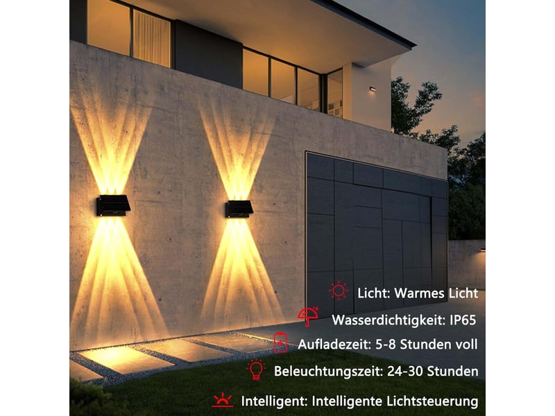  Lot de 6 appliques solaires d'extérieur à LED – Appliques murales à 6 LED, éclairage vers le haut et vers le bas, étanches, pour jardin, balcon, terrasse et escaliers, lumière blanc chaud  - Conforama D