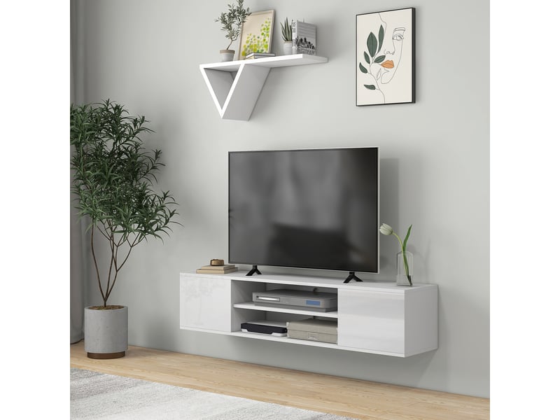  Meuble banc tv mural suspendu style contemporain 2 placards 2 niches centrales et 2 passe-câbles 140 x 30 x 30 cm blanc  - Conforama D