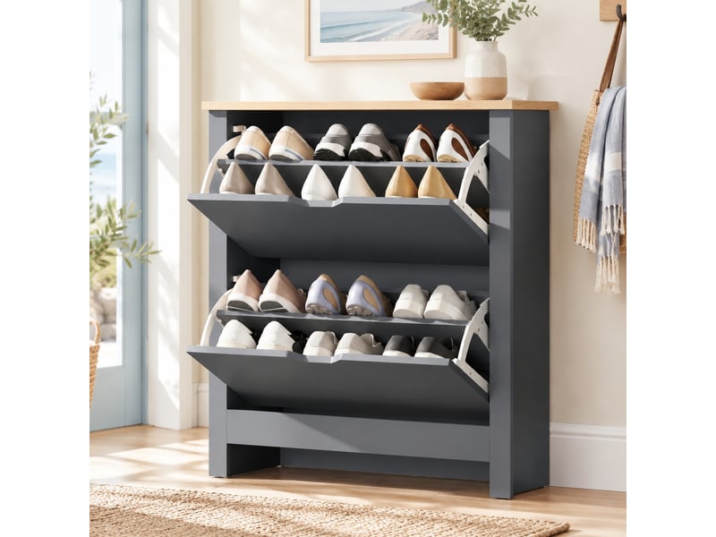  Meuble à chaussures 72 x 26 x 80 cm en panneaux de particules avec 2 compartiments rabattables gris foncé chicfurn  - Conforama B