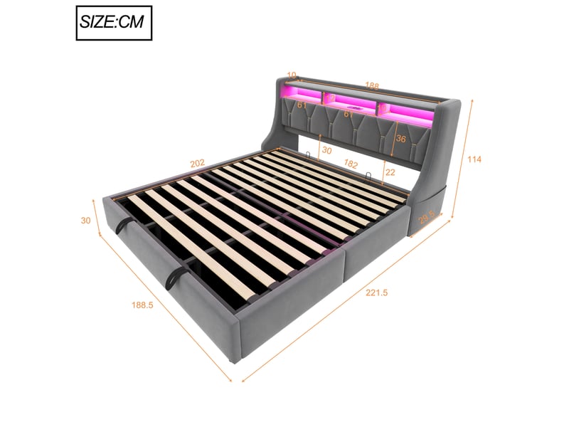 Lit double 180 × 200 cm avec rangement hydraulique, tête de lit rabattable, led et prises intégrées, chambre, gris - Conforama C