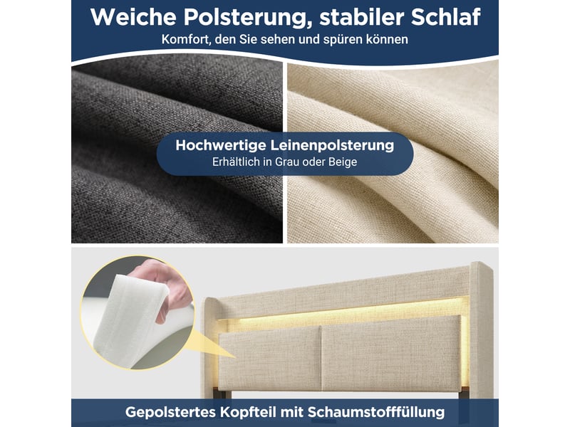 Lit capitonné, lit double 160x200 cm, rangement hydraulique, tête de lit avec rangement, led, usbusb-c, matelas inclus, lin beige - Conforama D