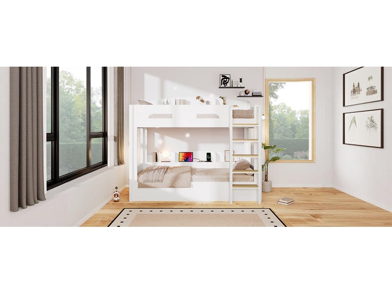 Lit superposé avec lit gigogne et prise usb rangements blanc bois massif et mdf 90x200 cm couchage 2 places Sol Morn - Conforama C
