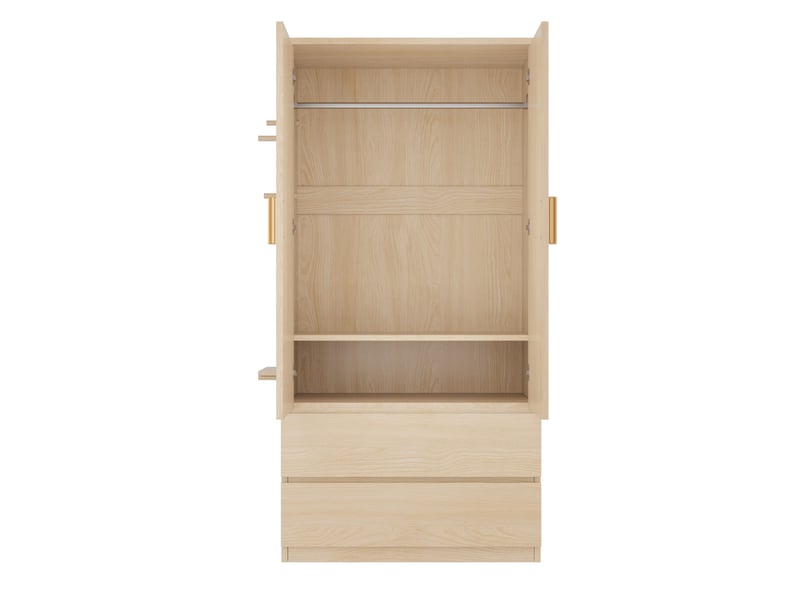  Armoire 70x50x170 cm avec 2 portes, 2 tiroirs et panneau perforé coloris blanc et bois  - Conforama E
