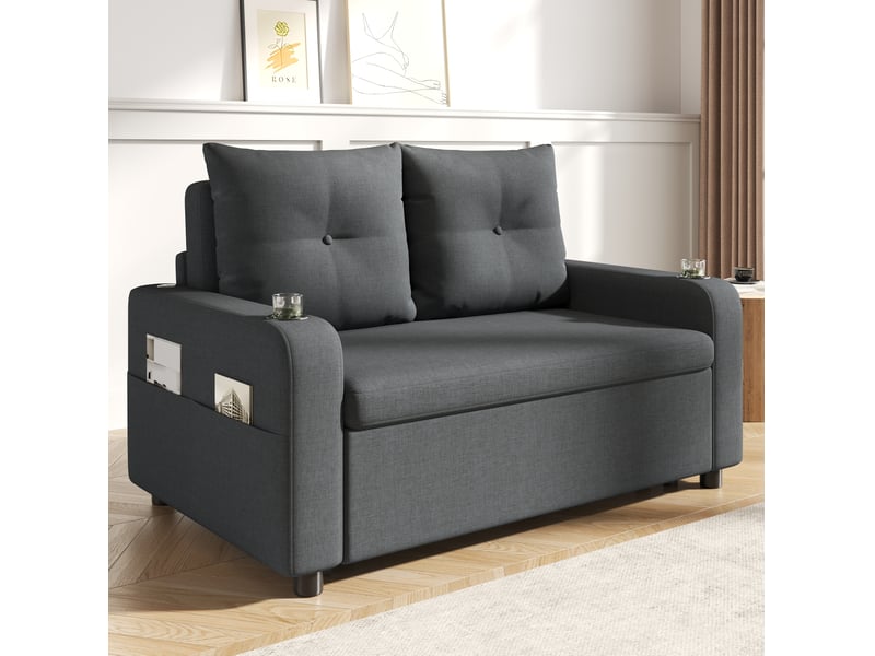 Canapé lit convertible 3 en 1, tissu gris aspect lin 2 places, canapé dépliant avec porte-gobelets et ports usb pour salon, 131cm - Conforama D