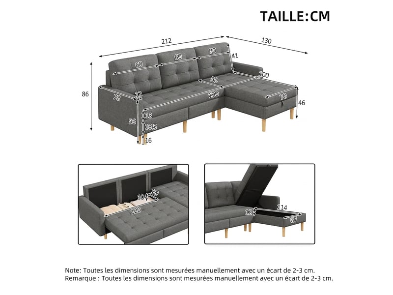  Canapé d'angle avec rangement convertible 212 x 130 x 86 cm - méridienne réversible 3 places  - Conforama C