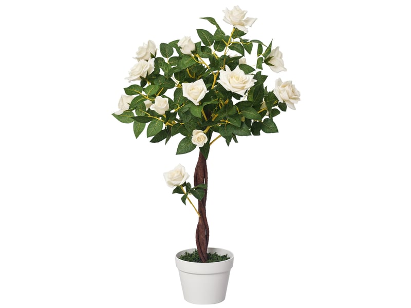  Rosier artificiel à 21 fleurs avec pot rempli de ciment et de mousse, plante artificielle anti-uv en plastique et tissu, ø18 x 90 cm, blanc et vert  - Conforama A