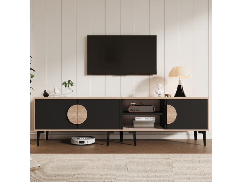  Meuble tv noir en bois 180x35x49 cm, 2 portes, étagères ouvertes, salon, compatible tv jusqu'à 80 pouces  - Conforama B