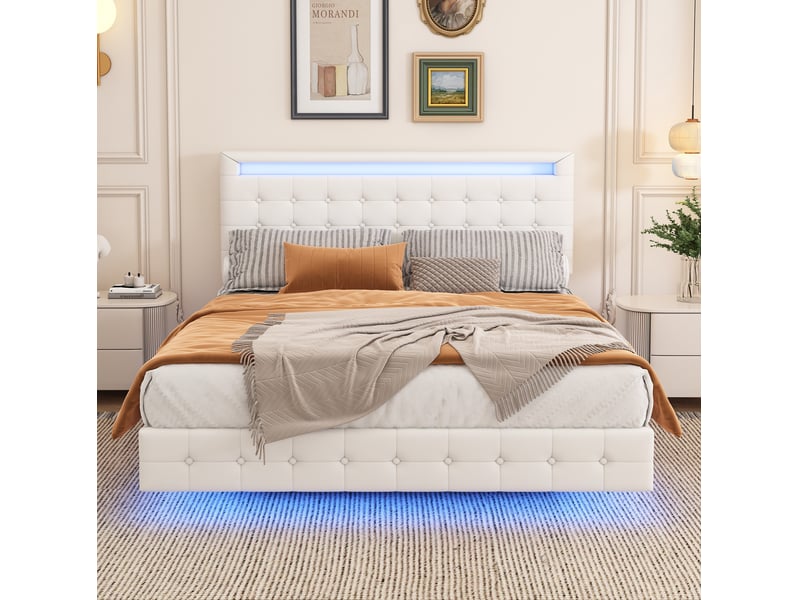  Lit 2 places 140x200cm, sommier, tête de lit réglable, éclairage avec éclairage led, mdf+pu blanc, sans matelas  - Conforama D