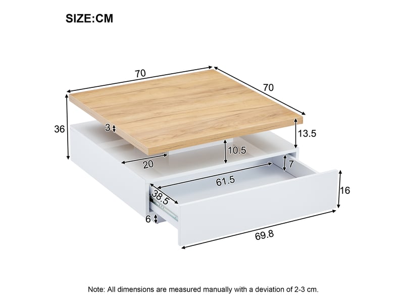Table basse carrée pivotante à 360° 70x70 cm avec tiroir, blanc brillant et noyer - Conforama C