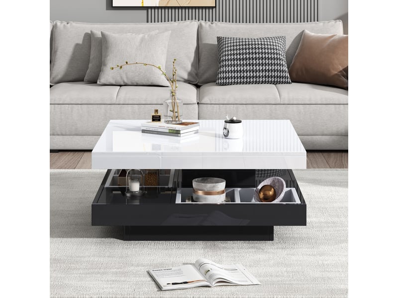  Table basse pivotante 360 avec rangement, table de salon blanc et noir haute brillance, 70x70x36 cm  - Conforama E