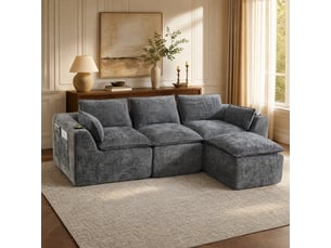 Canapé modulaire 3 places avec repose-pieds, coussins, porte-boissons et 2 poches latérales en chenille gris foncé