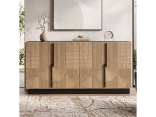 Buffet 160x42x76cm - 4 portes - design relief - poignées métalliques - rangement - naturel