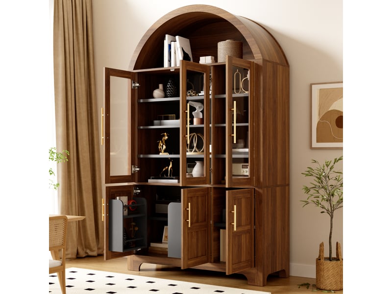  Buffet haut 110x40x185cm, 3 vitrines en verre, 3 compartiments fermés, étagères réglables, niche arrondie, mdf et panneaux de particules, noyer ABC - Conforama E